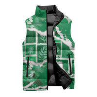 Hawaii Japanese Culture Green Sleeveless Puffer Jacket Spring Cranes Aloha Pattern LT01 - Polynesian Pride
