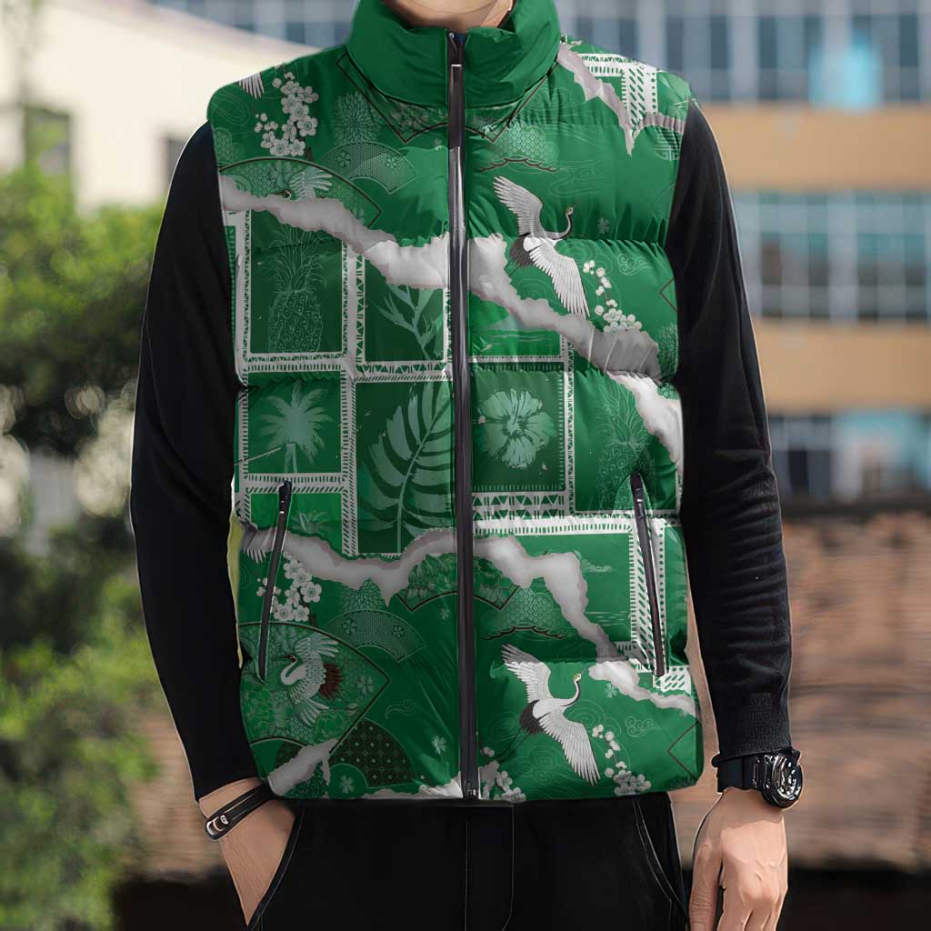 Hawaii Japanese Culture Green Sleeveless Puffer Jacket Spring Cranes Aloha Pattern LT01 - Polynesian Pride