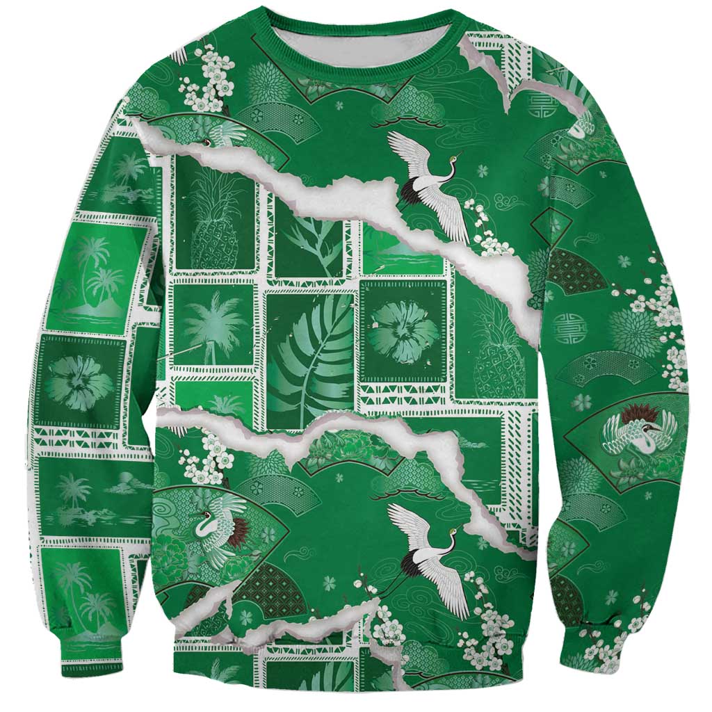 Hawaii Japanese Culture Green Sweatshirt Spring Cranes Aloha Pattern LT01 Unisex Green - Polynesian Pride