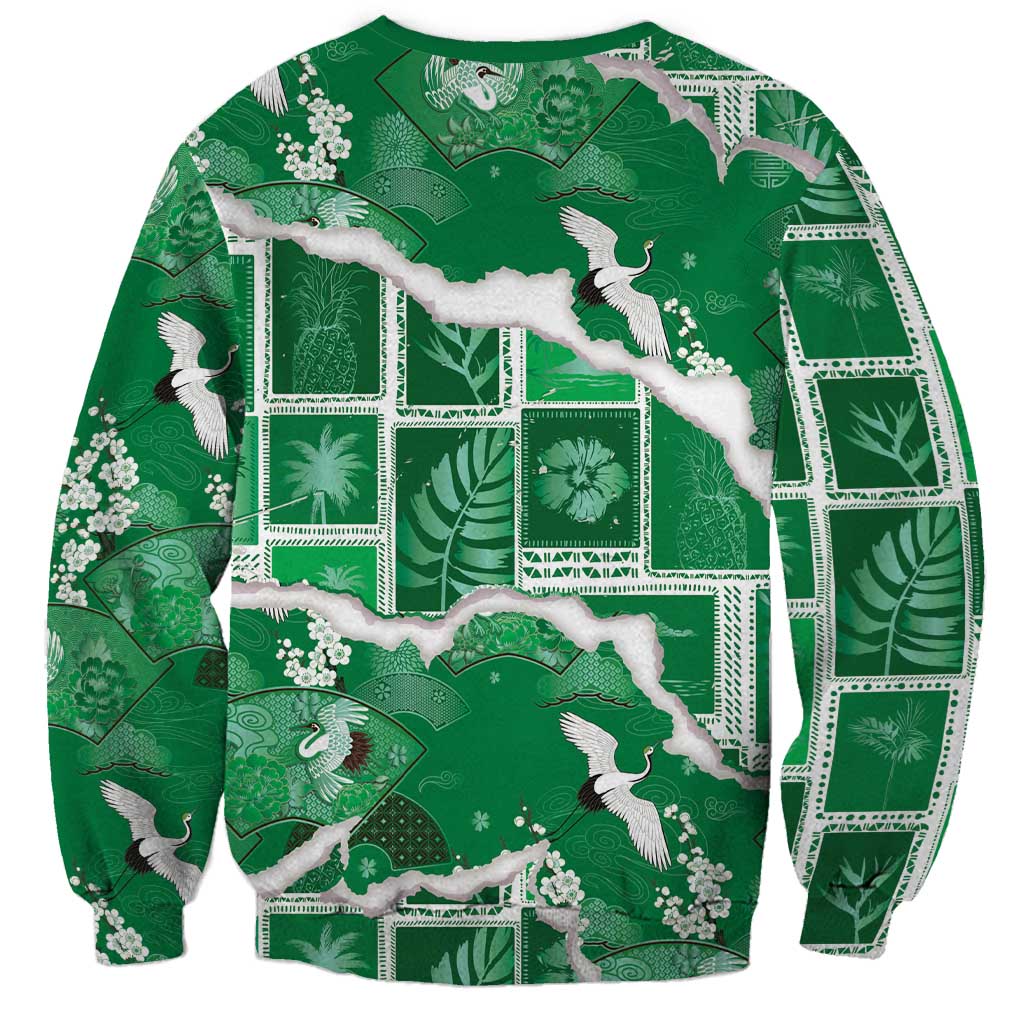 Hawaii Japanese Culture Green Sweatshirt Spring Cranes Aloha Pattern LT01 - Polynesian Pride