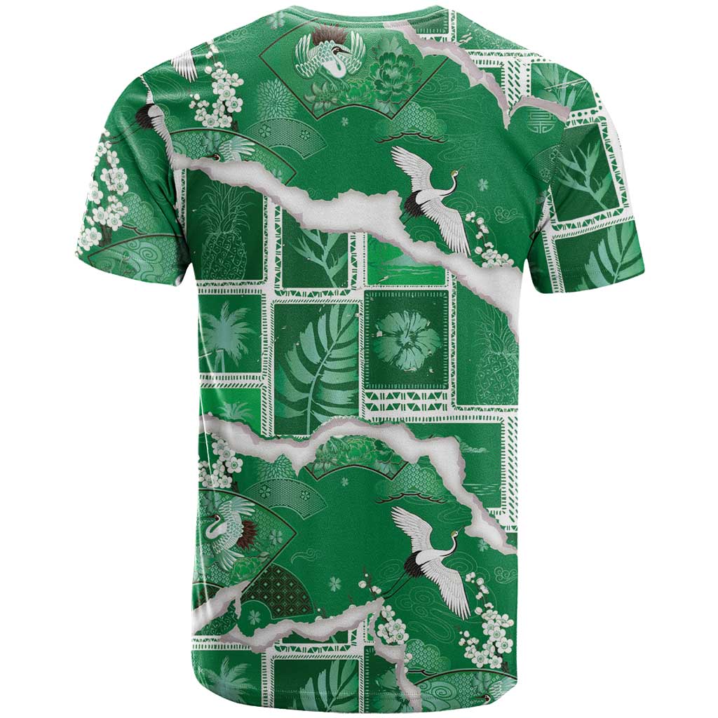Hawaii Japanese Culture Green T Shirt Spring Cranes Aloha Pattern LT01 - Polynesian Pride