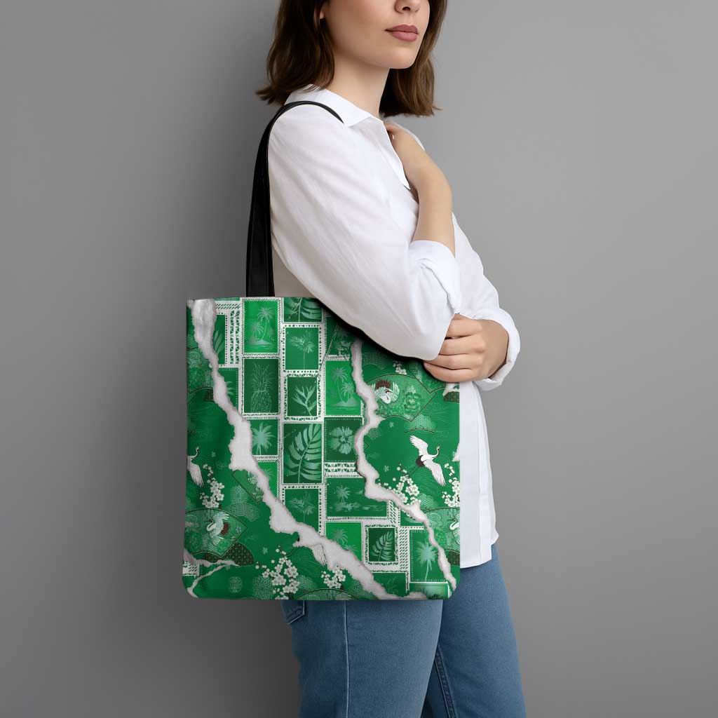Hawaii Japanese Culture Green Tote Bag Spring Cranes Aloha Pattern LT01 - Polynesian Pride