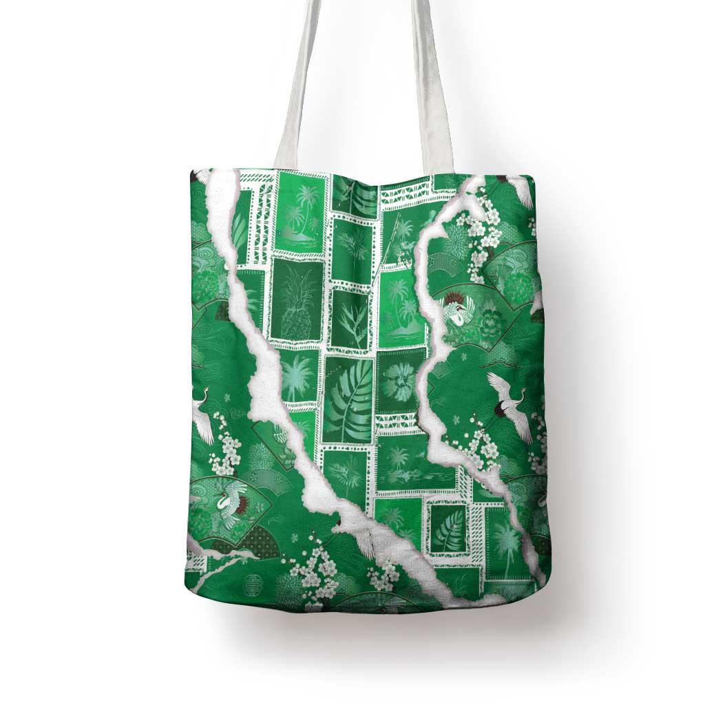 Hawaii Japanese Culture Green Tote Bag Spring Cranes Aloha Pattern LT01 - Polynesian Pride