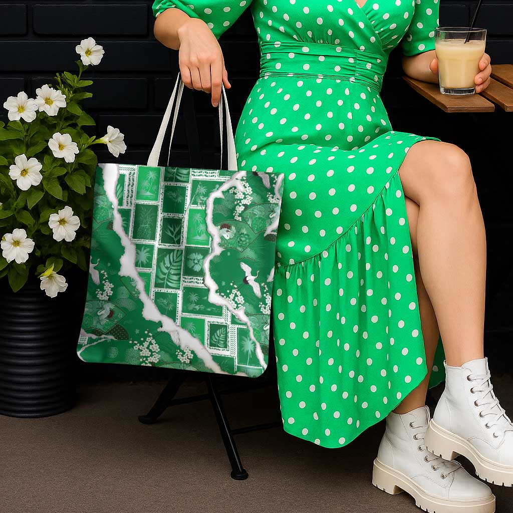 Hawaii Japanese Culture Green Tote Bag Spring Cranes Aloha Pattern LT01 - Polynesian Pride