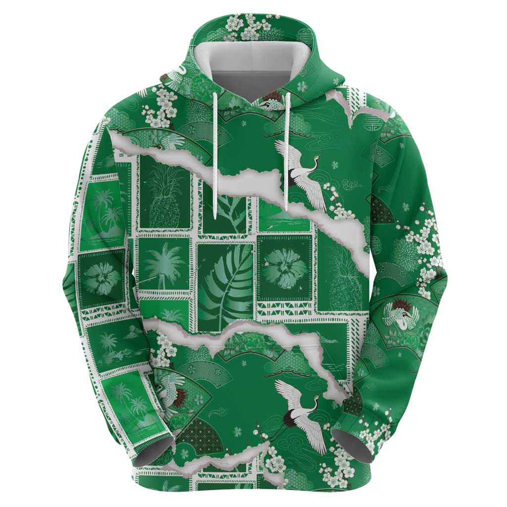 Hawaii Japanese Culture Green Zip Hoodie Spring Cranes Aloha Pattern LT01 - Polynesian Pride