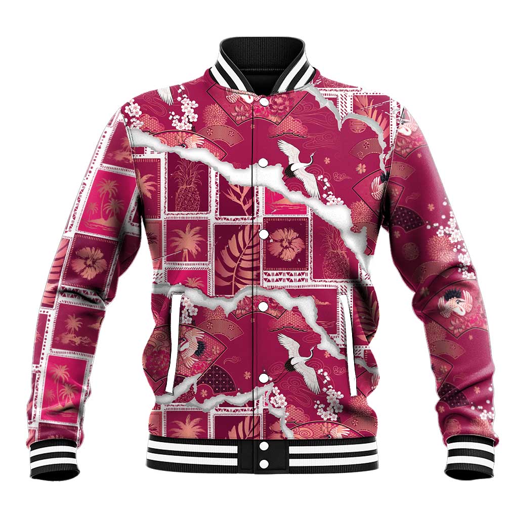 Hawaii Japanese Culture Pink Baseball Jacket Spring Cranes Aloha Pattern LT01 Unisex Pink - Polynesian Pride