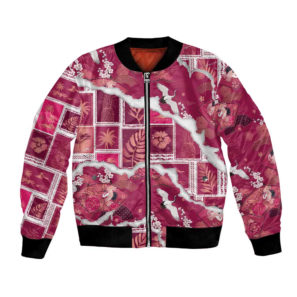 Hawaii Japanese Culture Pink Bomber Jacket Spring Cranes Aloha Pattern LT01 Unisex Pink - Polynesian Pride