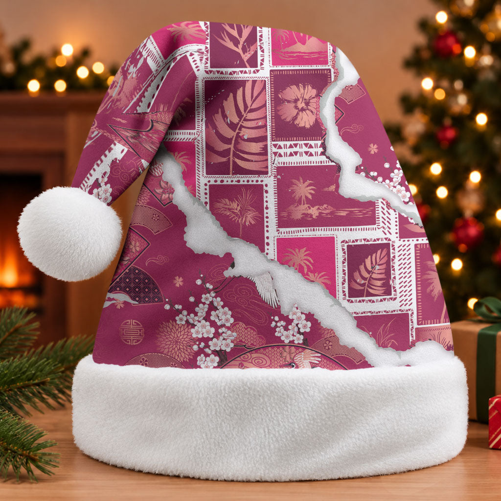 Hawaii Japanese Culture Pink Christmas Santa Hat Spring Cranes Aloha Pattern LT01 Without Fur Pink - Polynesian Pride