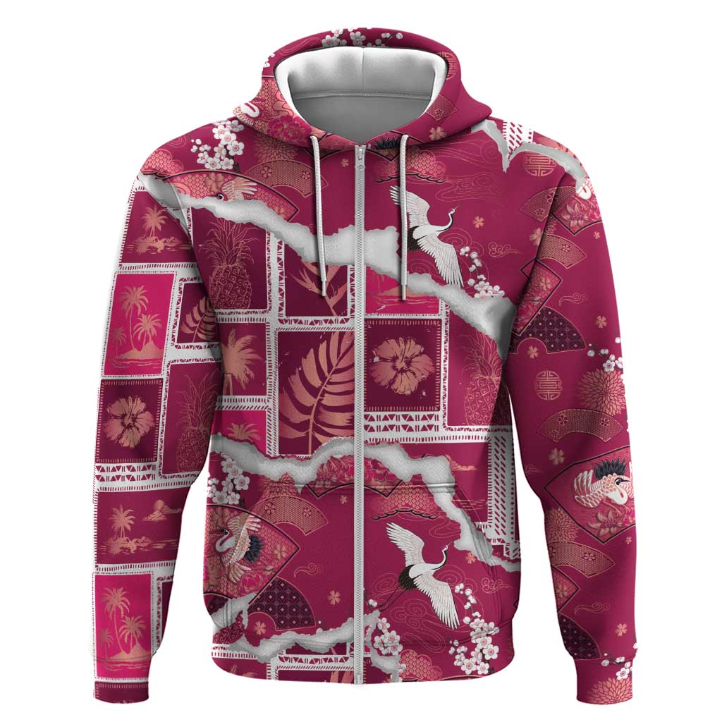 Hawaii Japanese Culture Pink Hoodie Spring Cranes Aloha Pattern LT01 Zip Hoodie Pink - Polynesian Pride