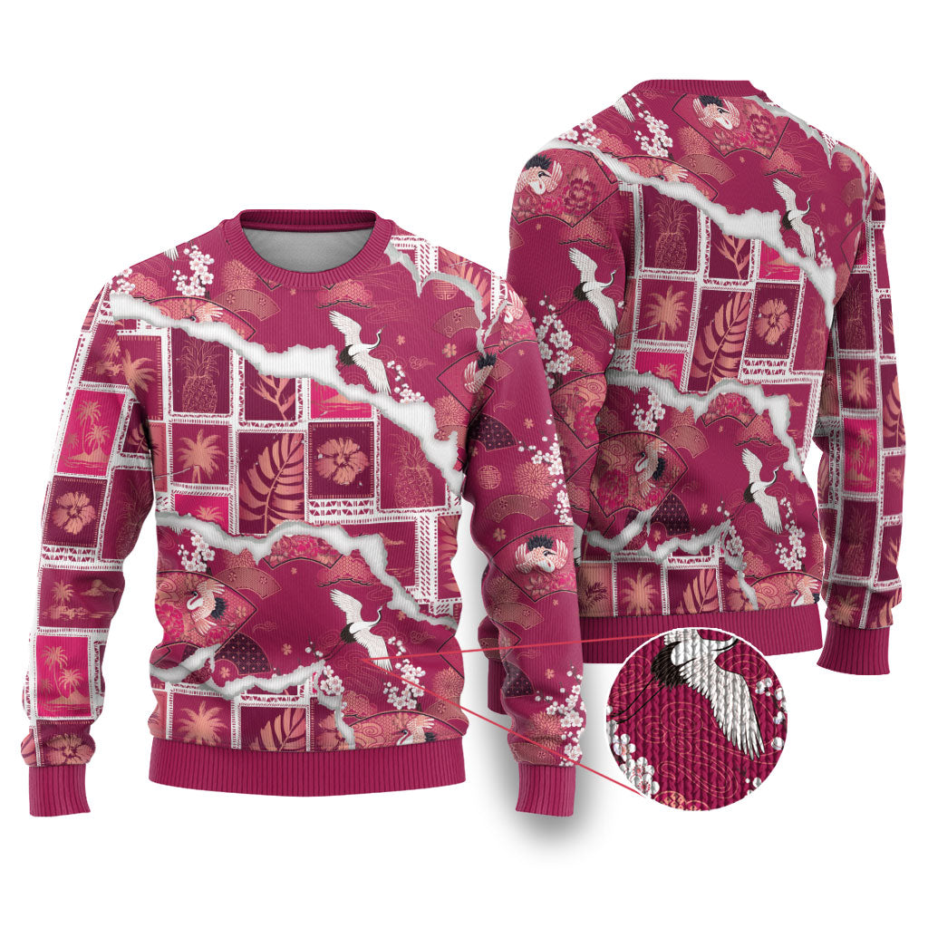 Hawaii Japanese Culture Pink Ugly Christmas Sweater Spring Cranes Aloha Pattern LT01 Pink - Polynesian Pride