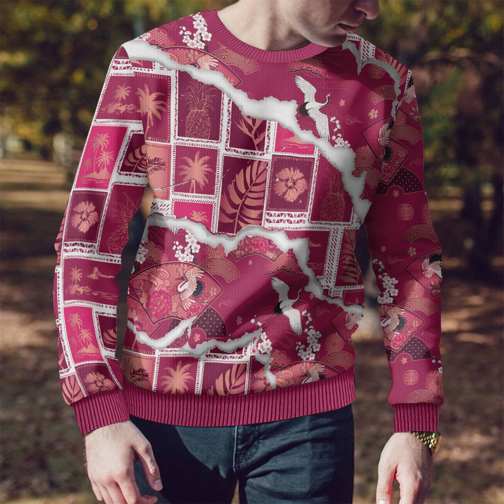 Hawaii Japanese Culture Pink Ugly Christmas Sweater Spring Cranes Aloha Pattern LT01 - Polynesian Pride