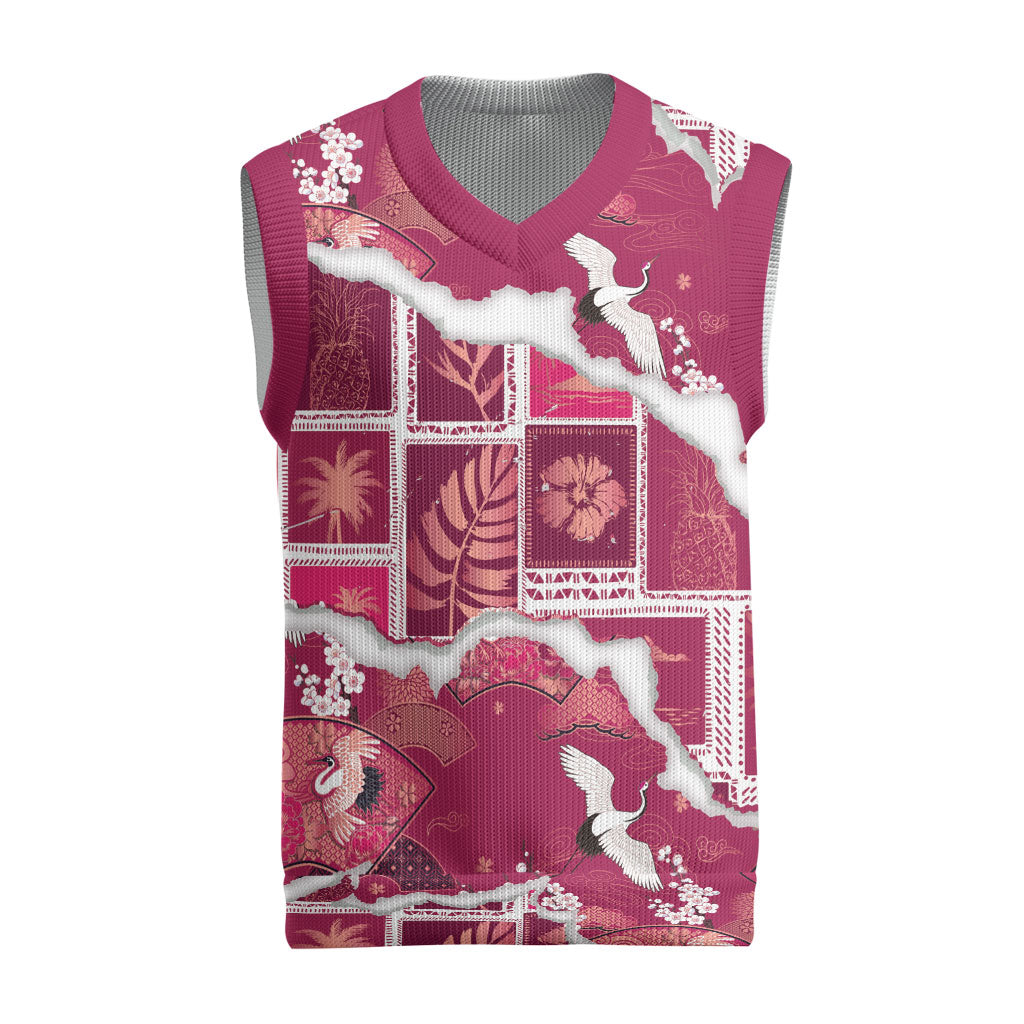 Hawaii Japanese Culture Pink Christmas Knitted V-Neck Vest Spring Cranes Aloha Pattern LT01 Pink - Polynesian Pride