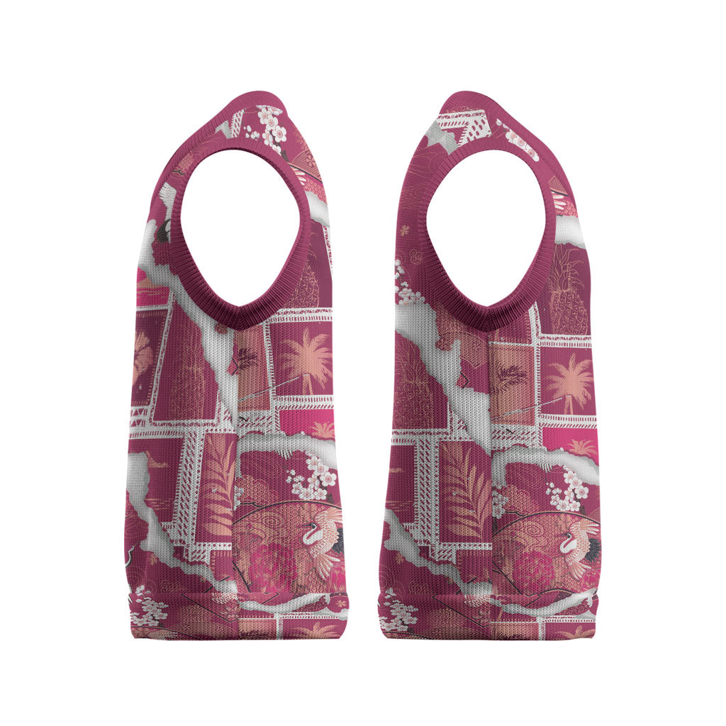 Hawaii Japanese Culture Pink Christmas Knitted V-Neck Vest Spring Cranes Aloha Pattern LT01 - Polynesian Pride