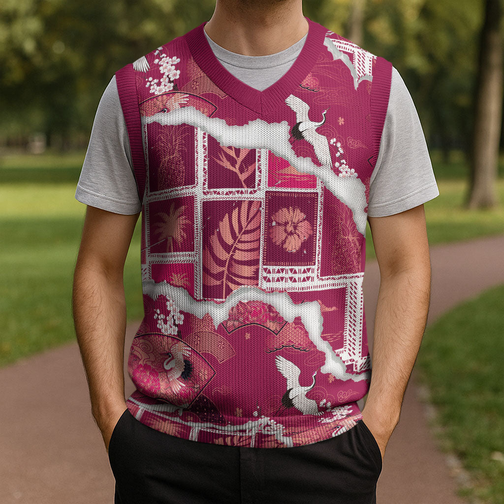 Hawaii Japanese Culture Pink Christmas Knitted V-Neck Vest Spring Cranes Aloha Pattern LT01 - Polynesian Pride