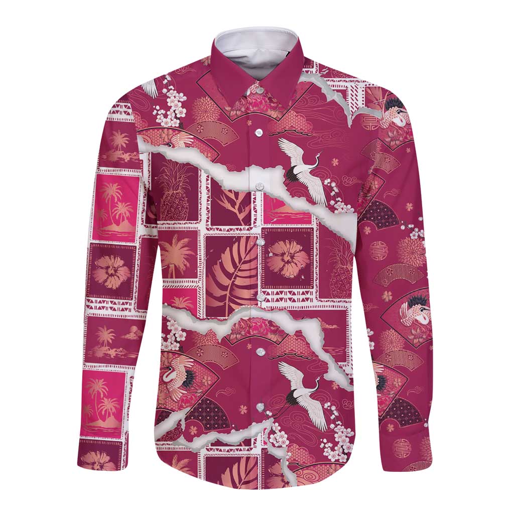 Hawaii Japanese Culture Pink Long Sleeve Button Shirt Spring Cranes Aloha Pattern LT01 Unisex Pink - Polynesian Pride