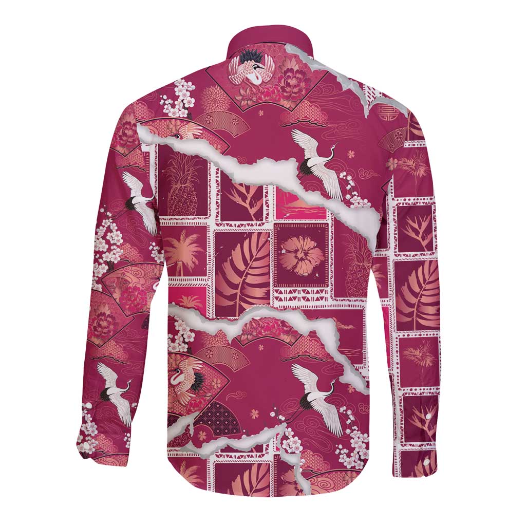 Hawaii Japanese Culture Pink Long Sleeve Button Shirt Spring Cranes Aloha Pattern LT01 - Polynesian Pride