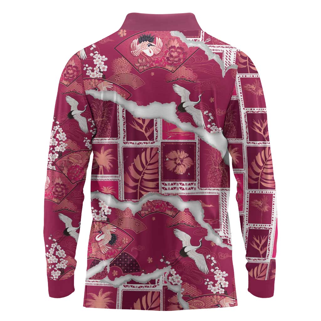 Hawaii Japanese Culture Pink Long Sleeve Polo Shirt Spring Cranes Aloha Pattern LT01 - Polynesian Pride
