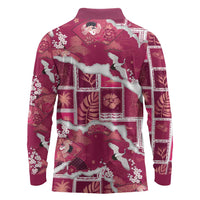 Hawaii Japanese Culture Pink Long Sleeve Polo Shirt Spring Cranes Aloha Pattern LT01 - Polynesian Pride