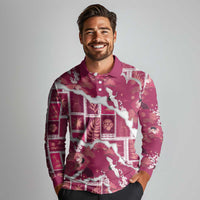 Hawaii Japanese Culture Pink Long Sleeve Polo Shirt Spring Cranes Aloha Pattern LT01 - Polynesian Pride