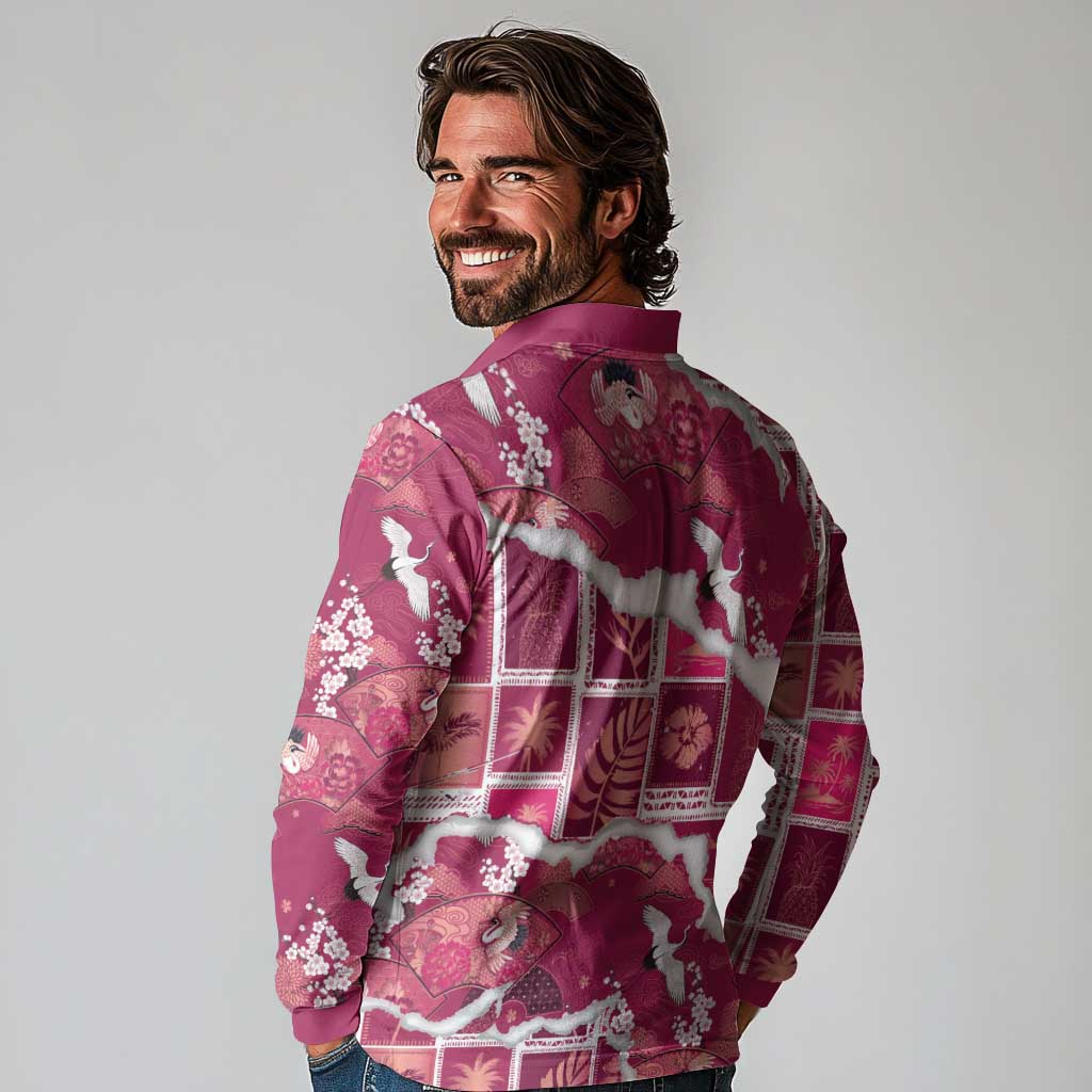 Hawaii Japanese Culture Pink Long Sleeve Polo Shirt Spring Cranes Aloha Pattern LT01 - Polynesian Pride