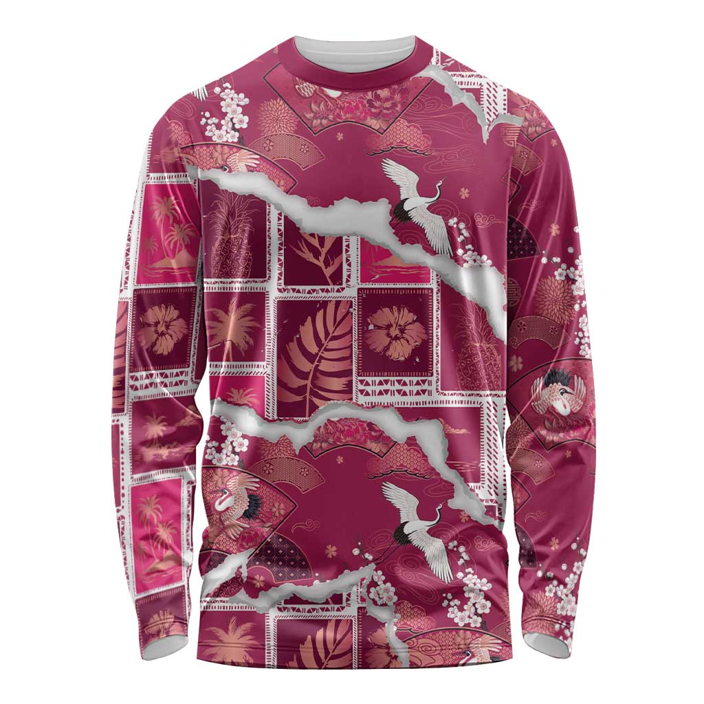 Hawaii Japanese Culture Pink Long Sleeve Shirt Spring Cranes Aloha Pattern LT01 Unisex Pink - Polynesian Pride