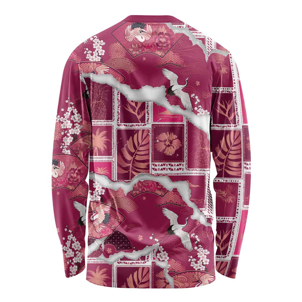 Hawaii Japanese Culture Pink Long Sleeve Shirt Spring Cranes Aloha Pattern LT01 - Polynesian Pride