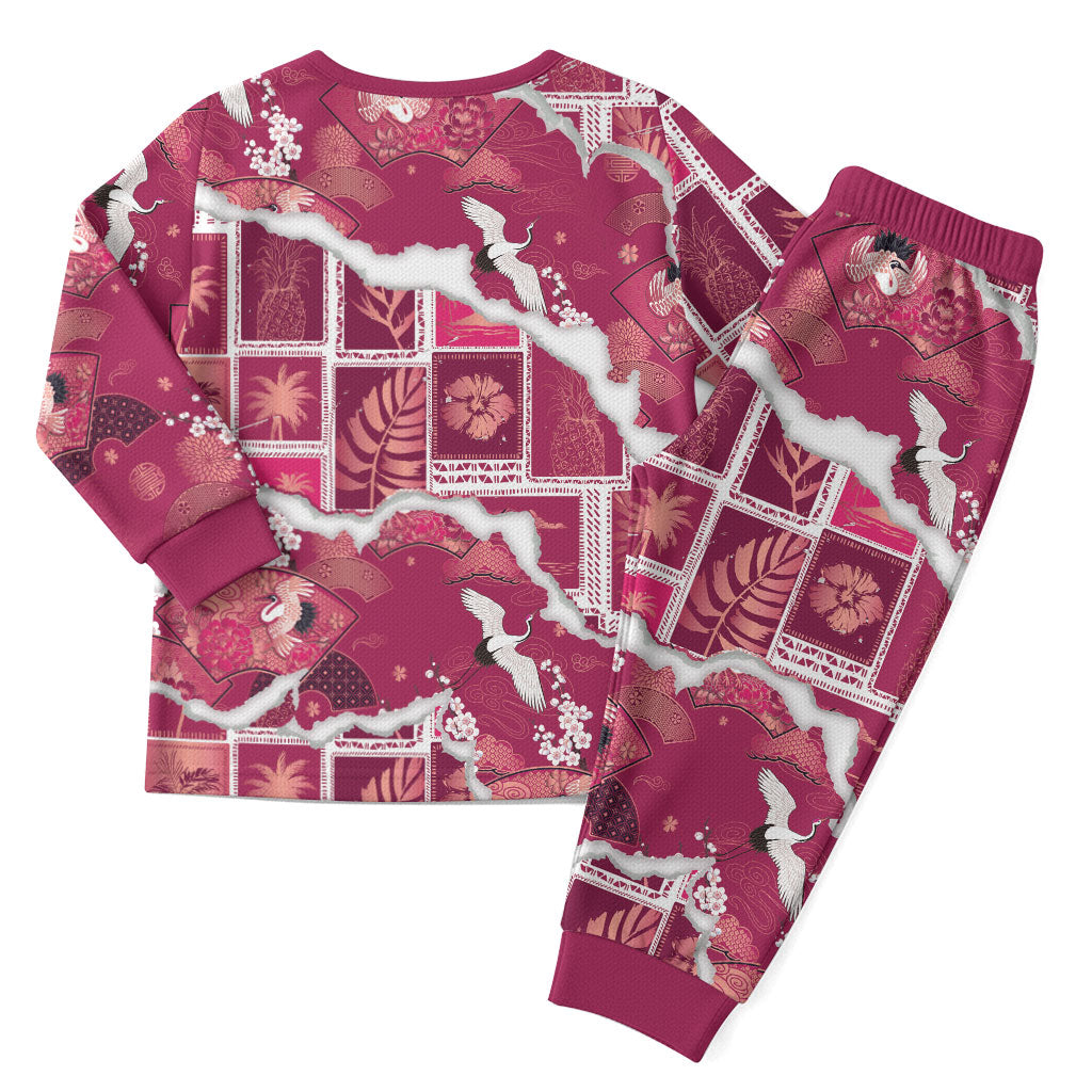Hawaii Japanese Culture Pink Christmas Pajama Set Spring Cranes Aloha Pattern LT01 - Polynesian Pride
