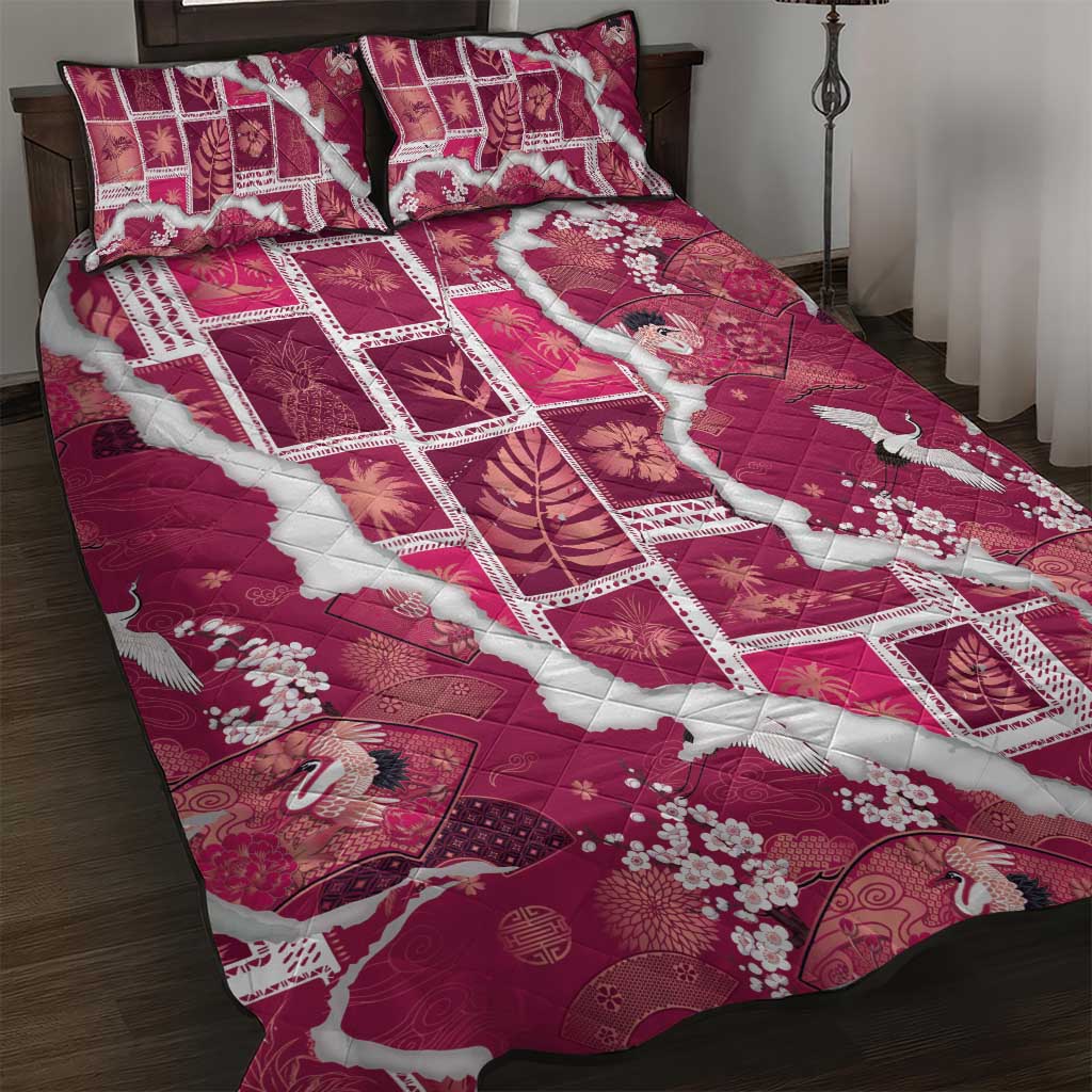 Hawaii Japanese Culture Pink Quilt Bed Set Spring Cranes Aloha Pattern LT01 Pink - Polynesian Pride