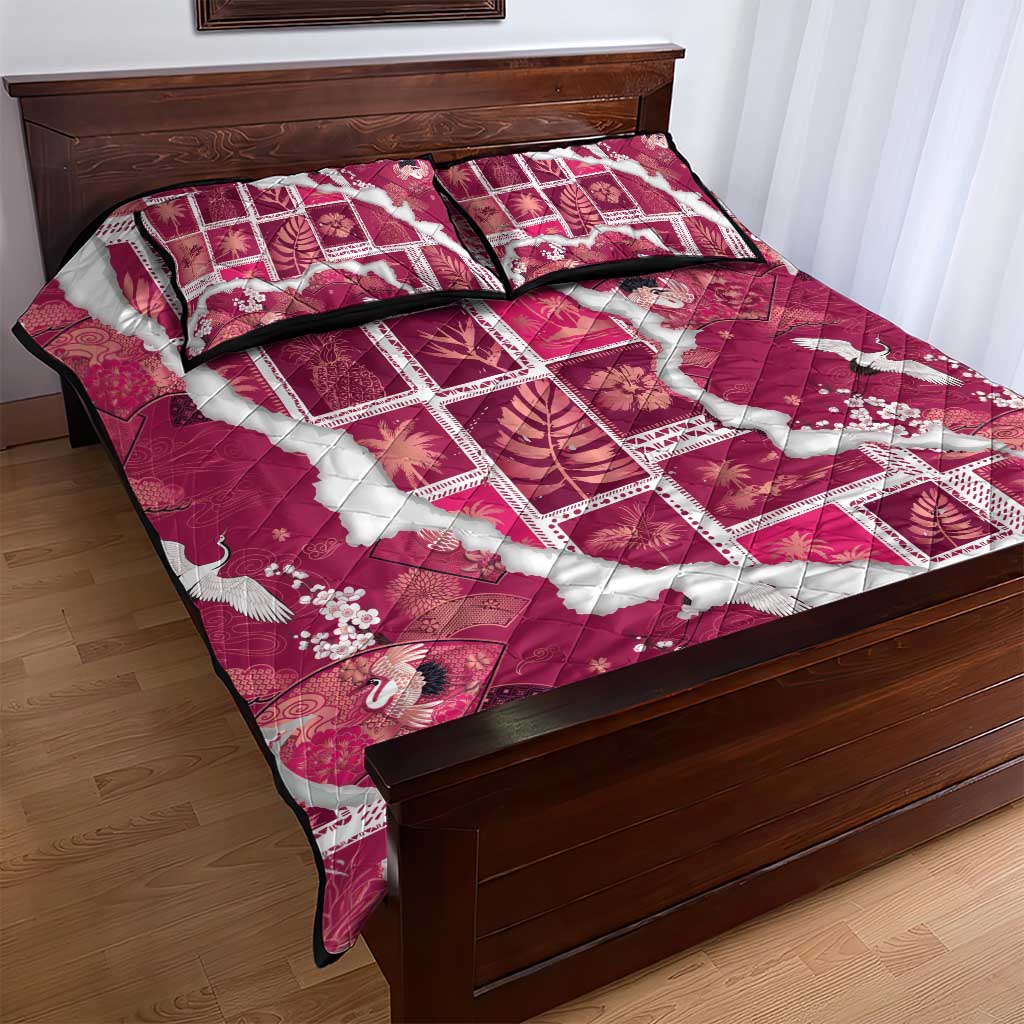 Hawaii Japanese Culture Pink Quilt Bed Set Spring Cranes Aloha Pattern LT01 - Polynesian Pride