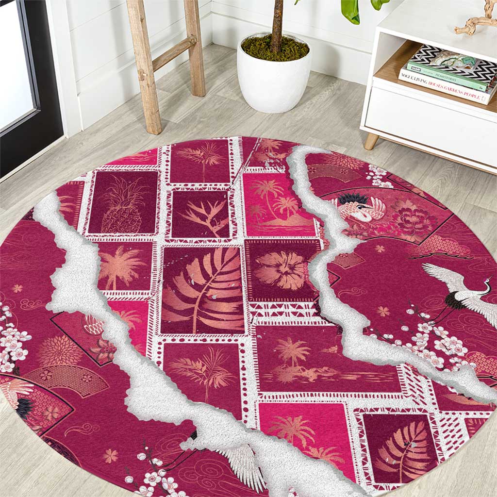 Hawaii Japanese Culture Pink Round Carpet Spring Cranes Aloha Pattern LT01 Pink - Polynesian Pride