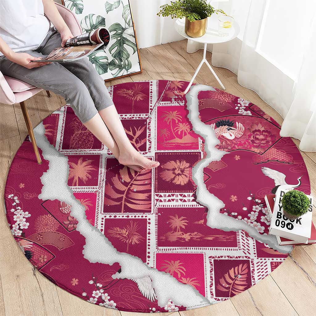 Hawaii Japanese Culture Pink Round Carpet Spring Cranes Aloha Pattern LT01 - Polynesian Pride