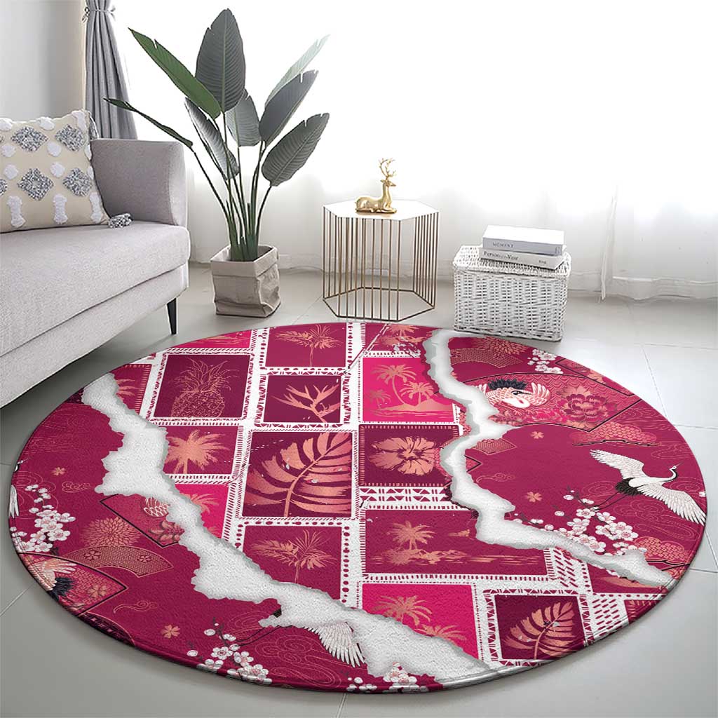 Hawaii Japanese Culture Pink Round Carpet Spring Cranes Aloha Pattern LT01 - Polynesian Pride