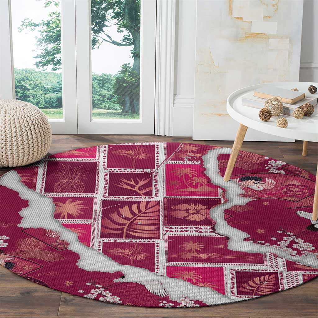 Hawaii Japanese Culture Pink Round Carpet Spring Cranes Aloha Pattern LT01 - Polynesian Pride