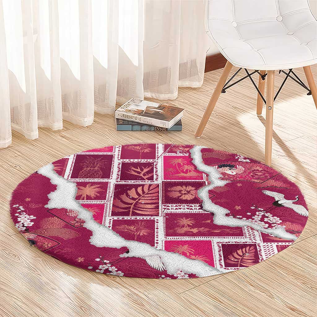Hawaii Japanese Culture Pink Round Carpet Spring Cranes Aloha Pattern LT01 - Polynesian Pride