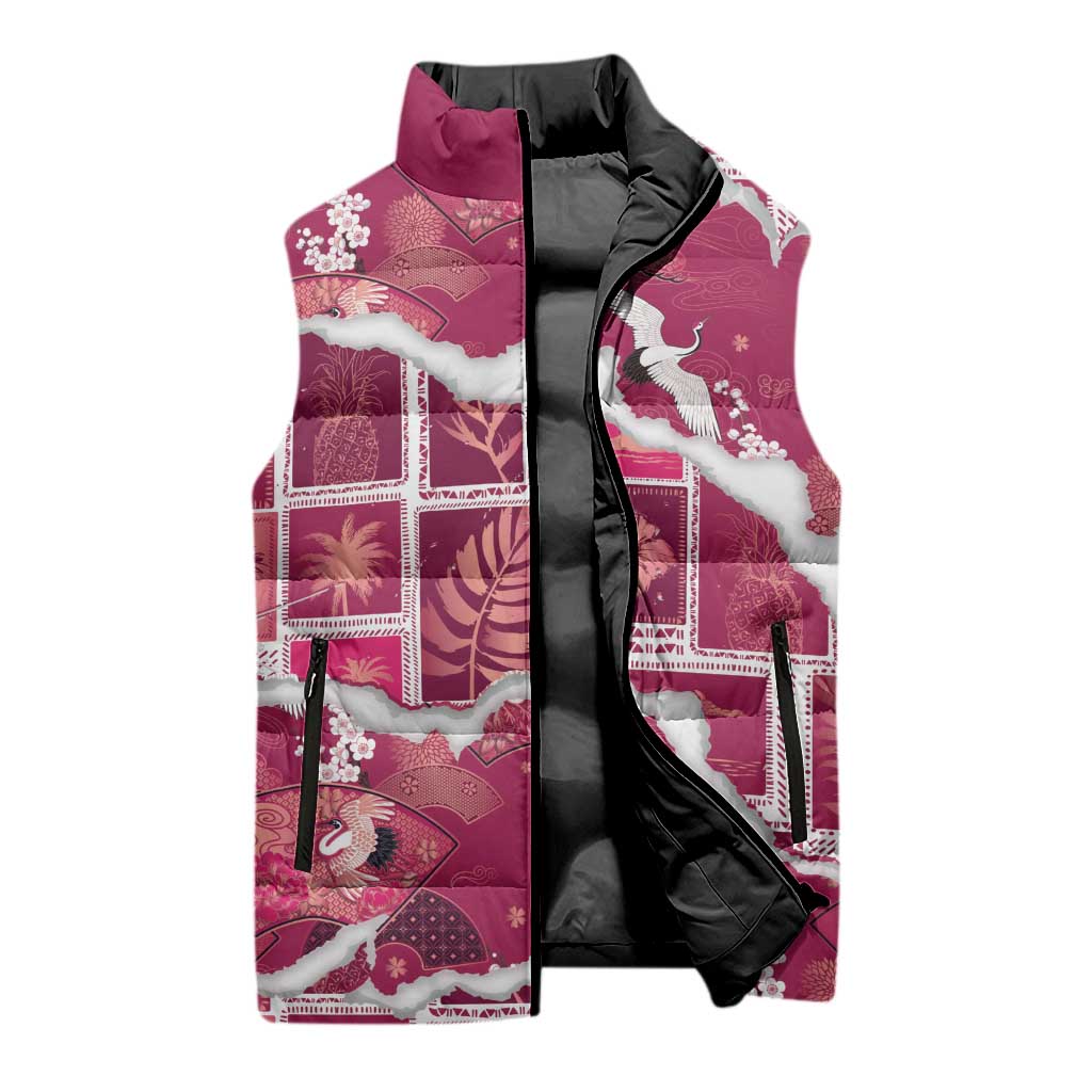 Hawaii Japanese Culture Pink Sleeveless Puffer Jacket Spring Cranes Aloha Pattern LT01 - Polynesian Pride