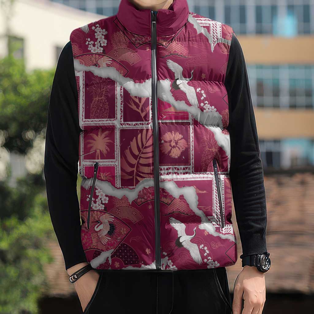Hawaii Japanese Culture Pink Sleeveless Puffer Jacket Spring Cranes Aloha Pattern LT01 - Polynesian Pride