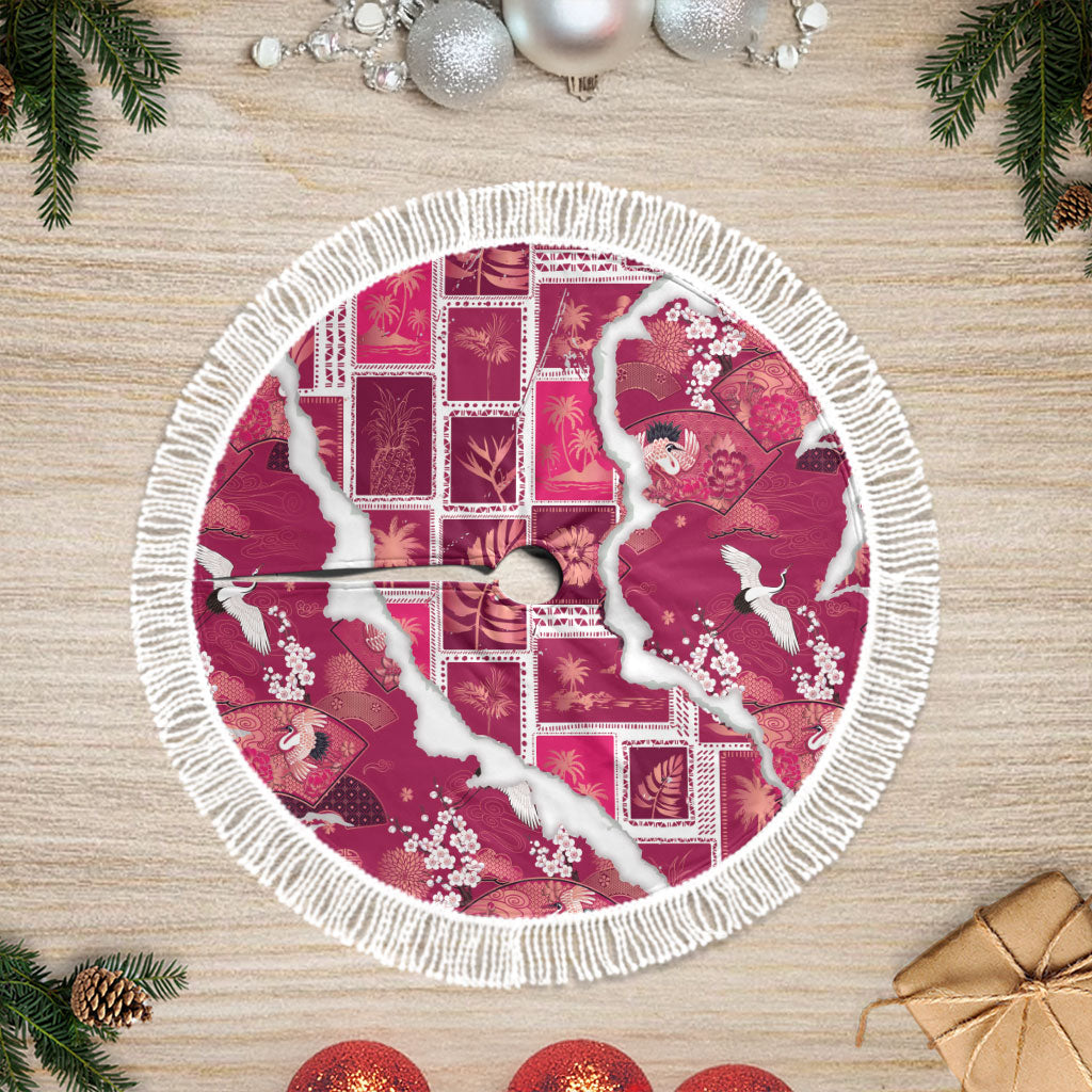 Hawaii Japanese Culture Pink Tree Skirt Spring Cranes Aloha Pattern LT01 Fringed Pink - Polynesian Pride