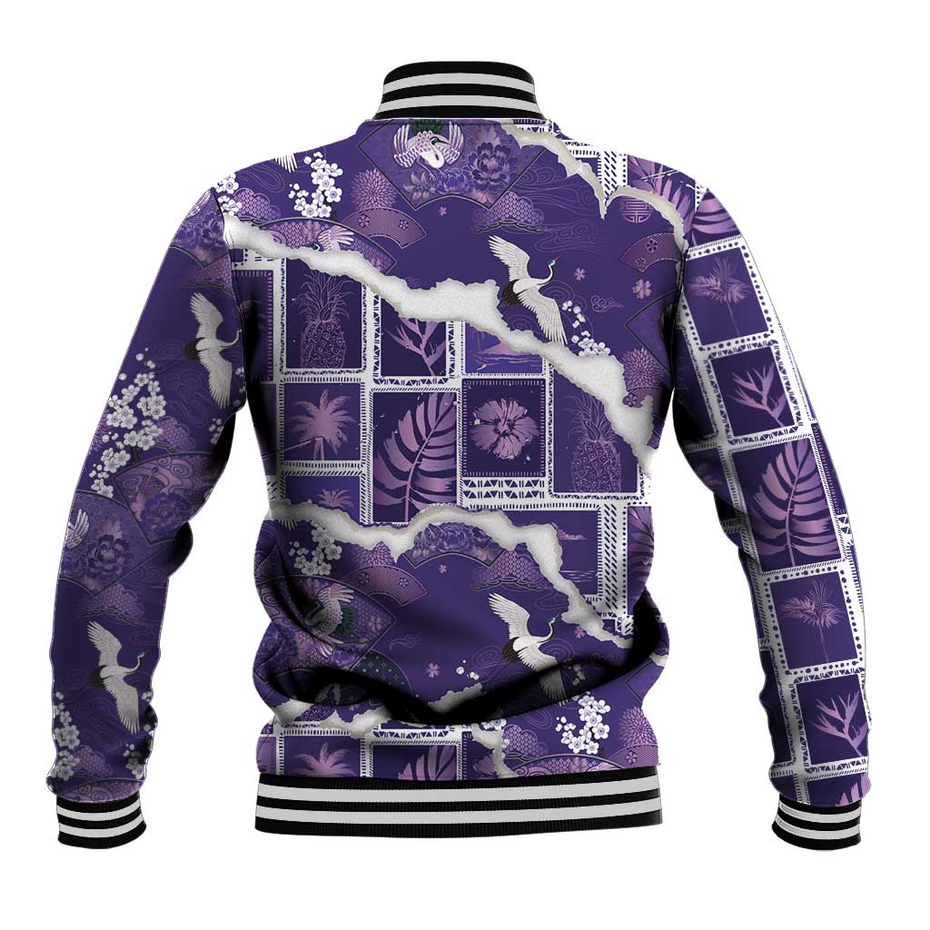 Hawaii Japanese Culture Purple Baseball Jacket Spring Cranes Aloha Pattern LT01 - Polynesian Pride
