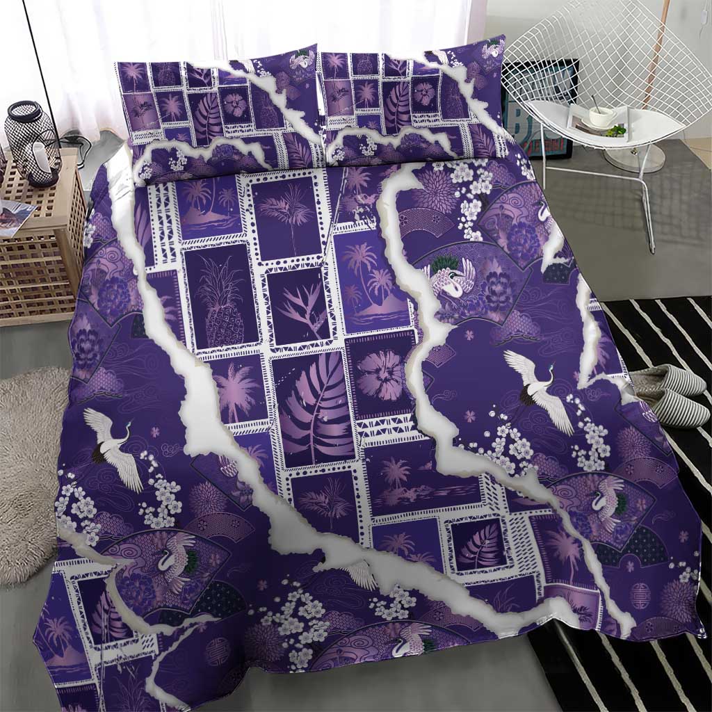 Hawaii Japanese Culture Purple Bedding Set Spring Cranes Aloha Pattern LT01 - Polynesian Pride