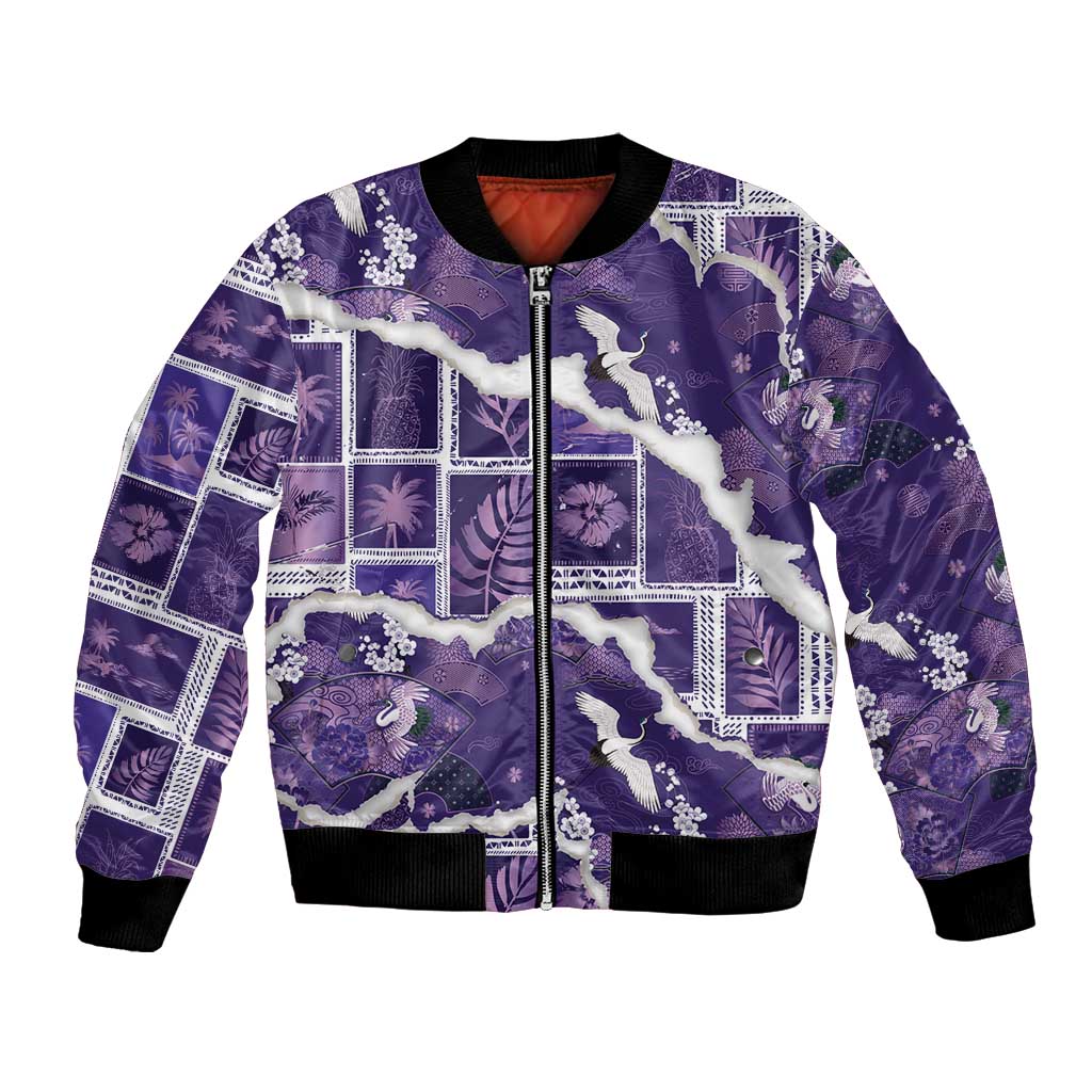Hawaii Japanese Culture Purple Bomber Jacket Spring Cranes Aloha Pattern LT01 Unisex Purple - Polynesian Pride
