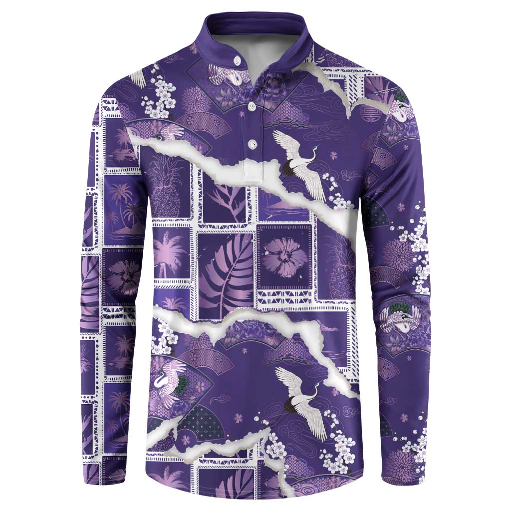 Hawaii Japanese Culture Purple Button Sweatshirt Spring Cranes Aloha Pattern LT01 Purple - Polynesian Pride