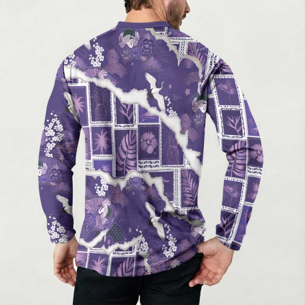 Hawaii Japanese Culture Purple Button Sweatshirt Spring Cranes Aloha Pattern LT01 - Polynesian Pride