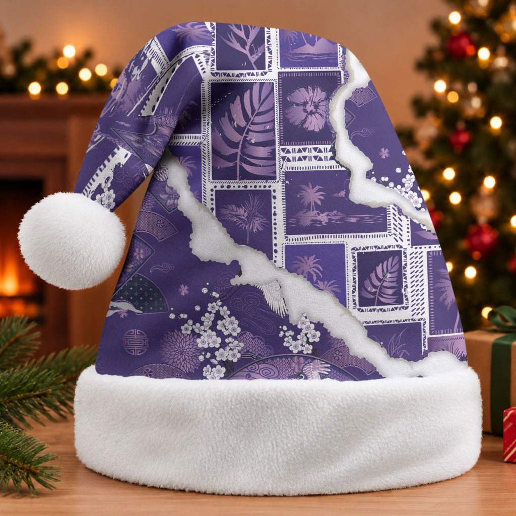 Hawaii Japanese Culture Purple Christmas Santa Hat Spring Cranes Aloha Pattern LT01 Without Fur Purple - Polynesian Pride