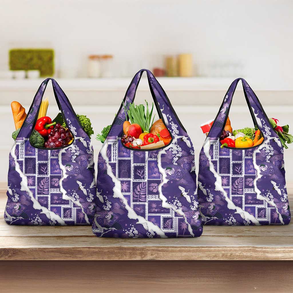 Hawaii Japanese Culture Purple Grocery Bag Spring Cranes Aloha Pattern LT01 3-pack One Size Purple - Polynesian Pride