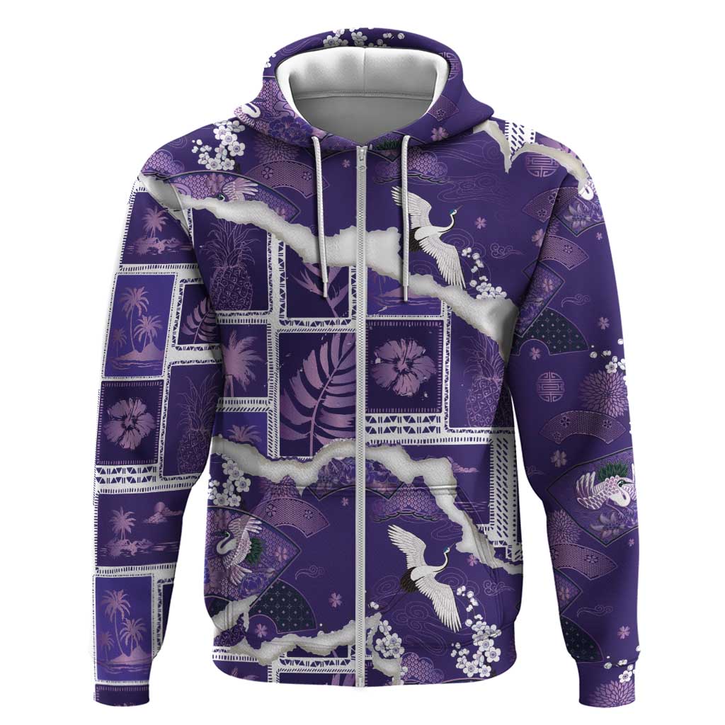 Hawaii Japanese Culture Purple Hoodie Spring Cranes Aloha Pattern LT01 Zip Hoodie Purple - Polynesian Pride