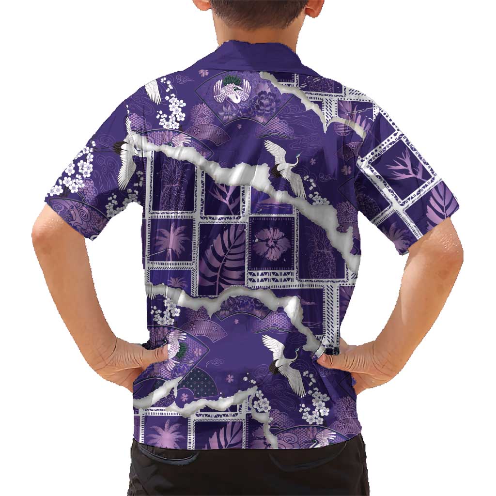 Hawaii Japanese Culture Purple Kid Hawaiian Shirt Spring Cranes Aloha Pattern LT01 - Polynesian Pride