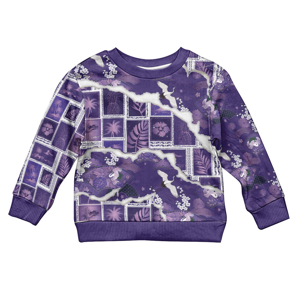 Hawaii Japanese Culture Purple Kid Ugly Christmas Sweater Spring Cranes Aloha Pattern LT01 Kid Purple - Polynesian Pride