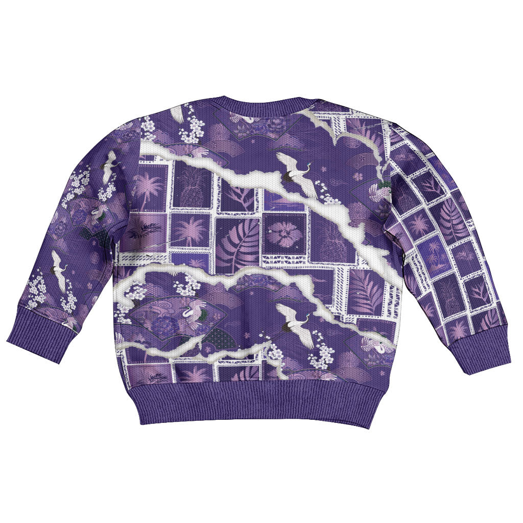 Hawaii Japanese Culture Purple Kid Ugly Christmas Sweater Spring Cranes Aloha Pattern LT01 - Polynesian Pride
