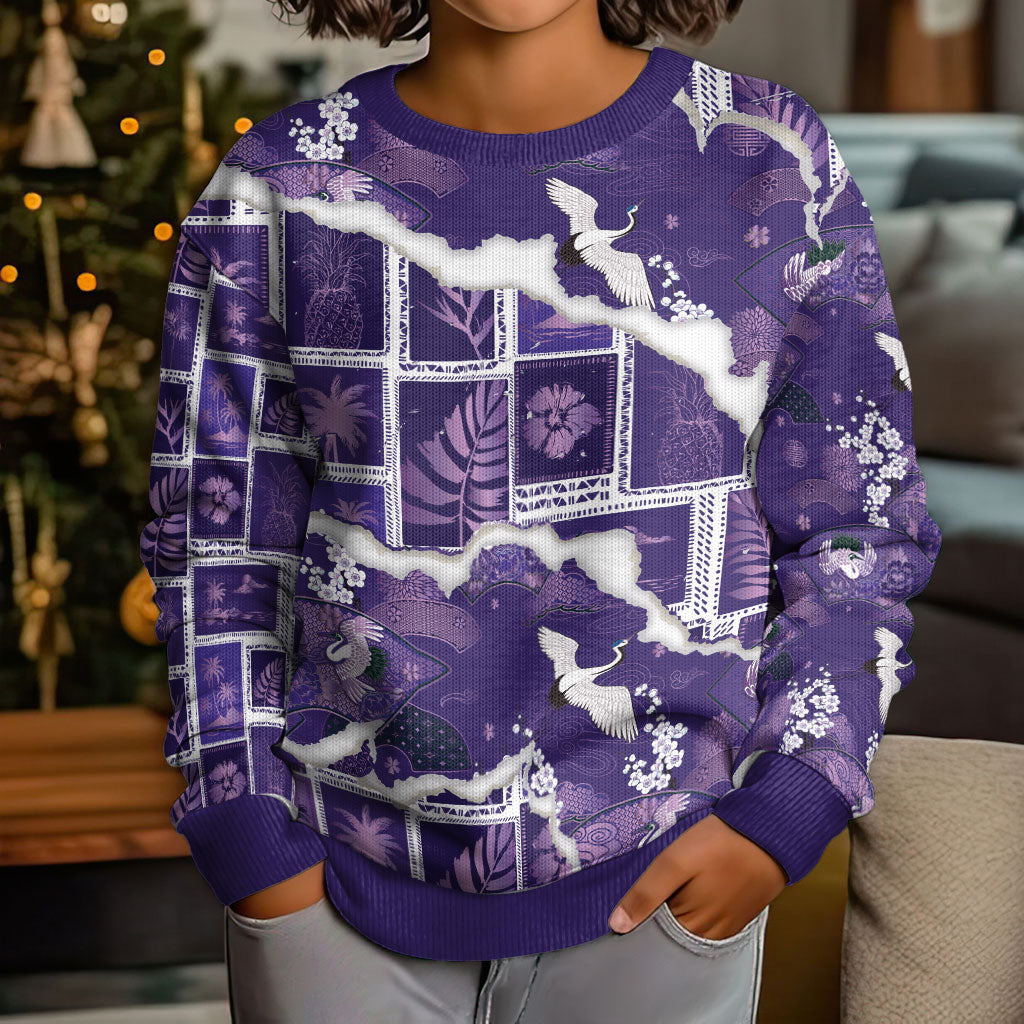 Hawaii Japanese Culture Purple Kid Ugly Christmas Sweater Spring Cranes Aloha Pattern LT01 - Polynesian Pride