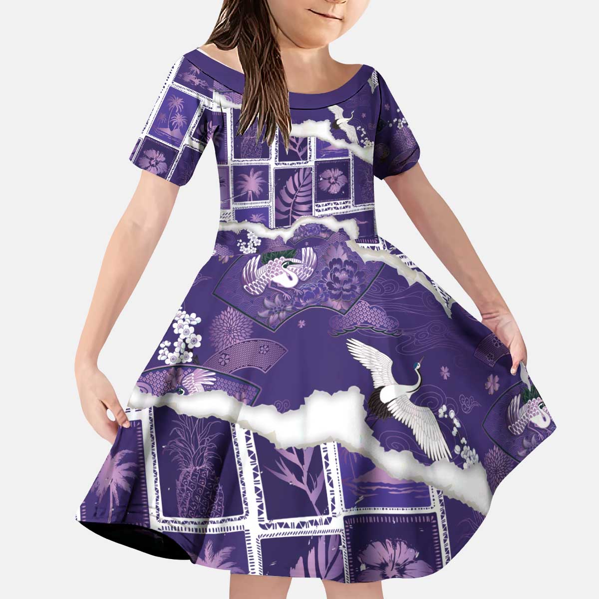 Hawaii Japanese Culture Purple Kid Short Sleeve Dress Spring Cranes Aloha Pattern LT01 KID Purple - Polynesian Pride